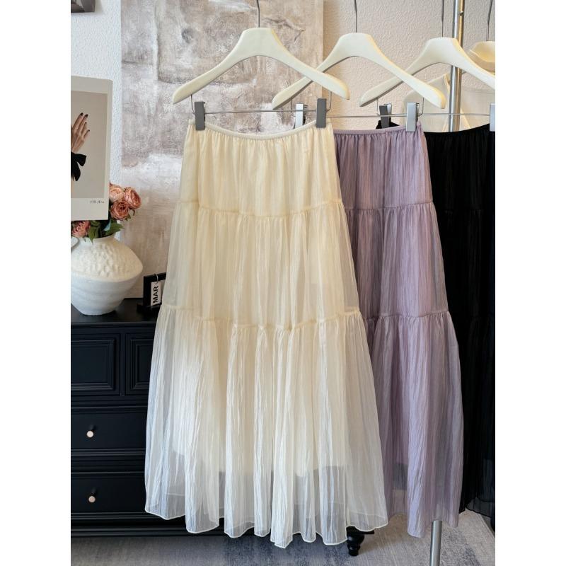 Super light pearlescent soft gauze skirt~ A-word splicing fluffy cake skirt French gentle temperament versatile medium and long skirt