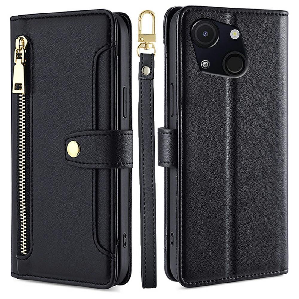 For Itel A50C Leather Case Zipper Pocket Wallet Phone Cover with 2 Straps
