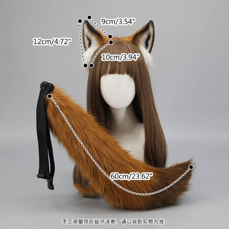 Fox Ears and Tail Set Furry Fox Ears Headband with Tail Halloween Cosplay Party Fox Costume Accessories for Kids-Adults