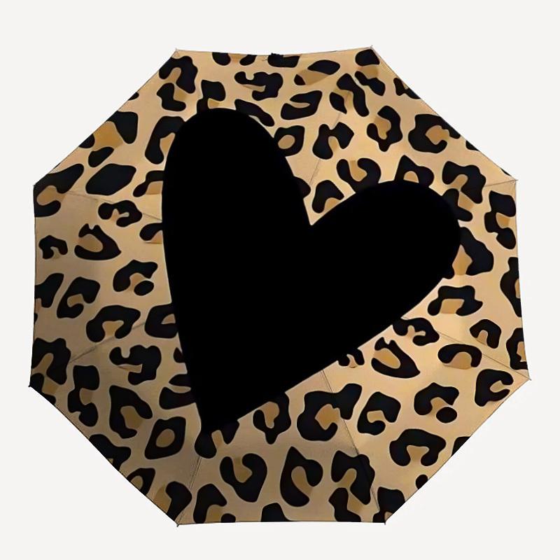

1pc Leopard Heart Automatic Open/close Umbrella, 8-Rib sturdy structure, Auto Folding/Opening, Portable Travel Umbrella for Women, Parties011