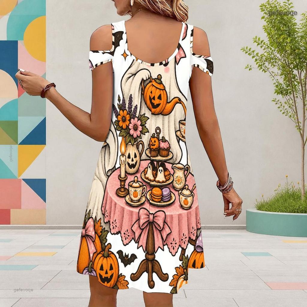 Women Plus Size V Neck Cold Shoulder Short Sleeve Cartoon Ghost Printed Dress