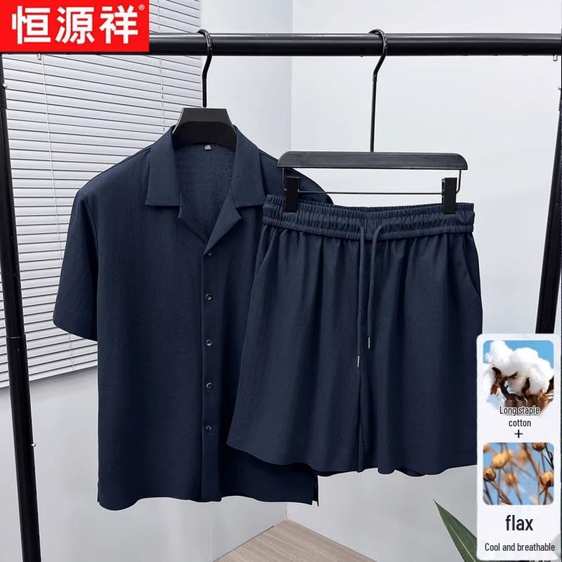 Men s Summer Breathable Cotton Linen Two-Piece Set 4XL