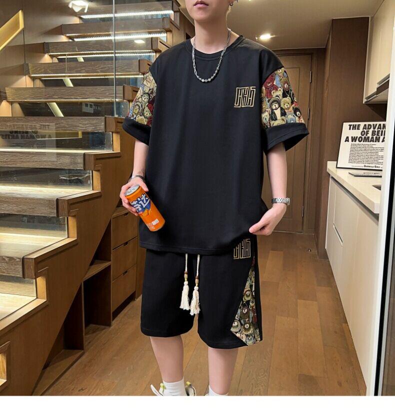

Men s Casual Loose Cartoon Bear Patchwork T-shirt and Shorts Set L чорний