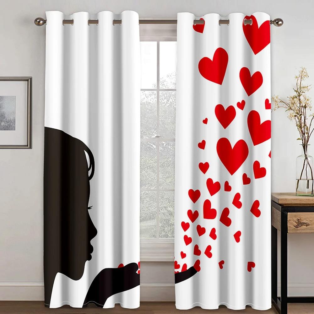 Romantic Love Heart Black White Diamond Window Curtains Blinds For Living Room Kids Bedroom Bathroom Kicthen Door Home Decor2Pcs