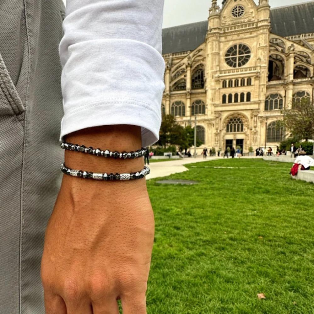 Black Matte Copper Inlaid Zirconium Diamond Ball Flying Saucer Long Bracelet Bracelet Set Wholesale Men's Woven Bracelet