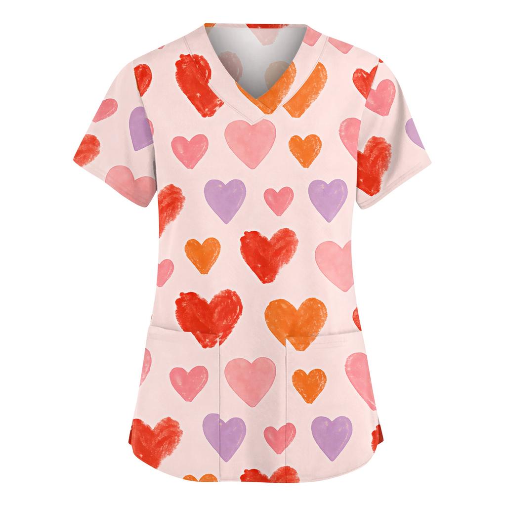 Women’s Short Sleeve V Neck T Shirt with All Over Heart Print Casual Loose Fit Lightweight Top for Daily Wear