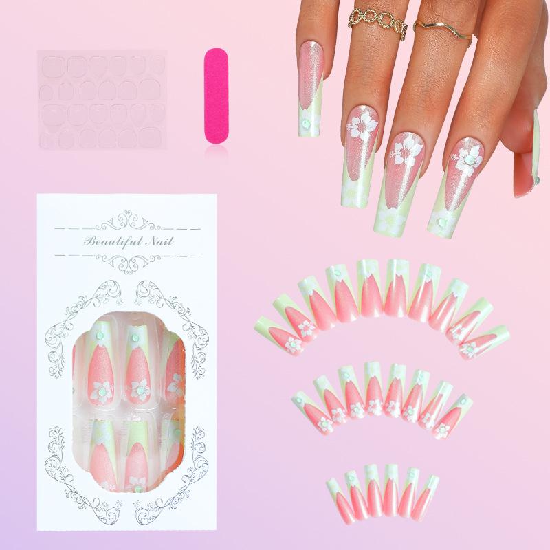 

Handmade Green French Edge Press-On Nails with Floral Design, Long-Lasting Quality
