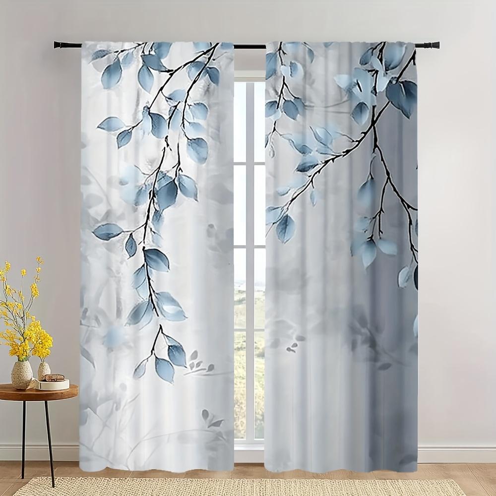 2pc Fresh Blue Leaf Print Curtains   Polyester Fabric   Machine Washable   Suitable for Bedroom and Living Room Decoration