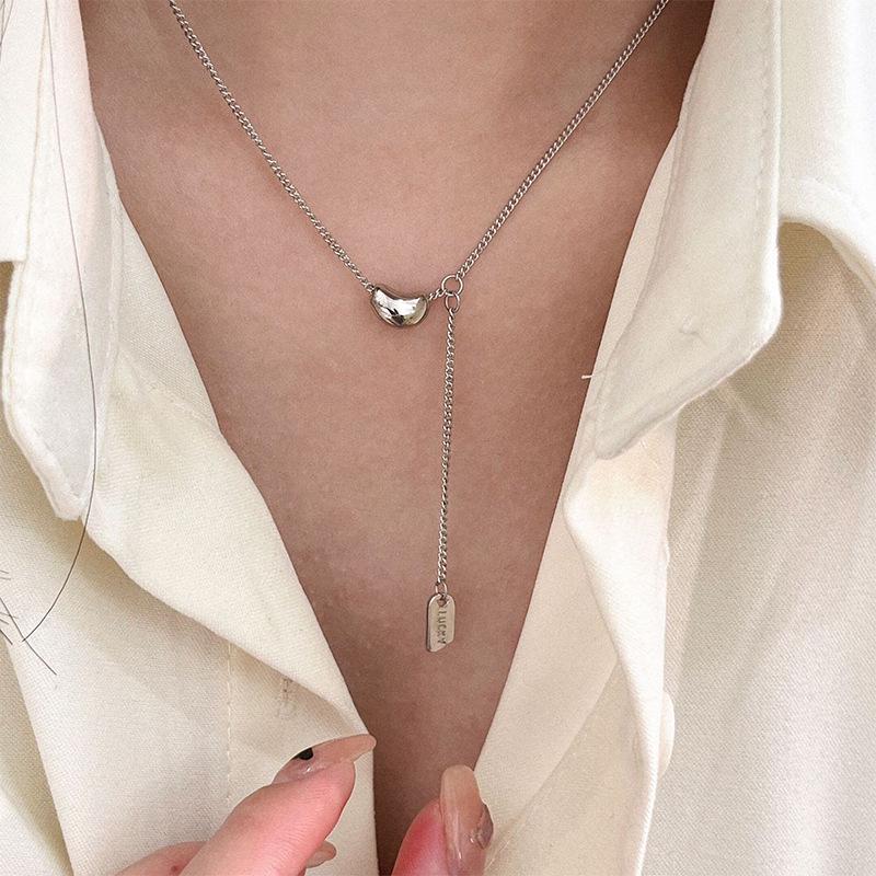 S925 Sterling Silver Korean Minimalist Lucky Tag Bean Necklace Choker