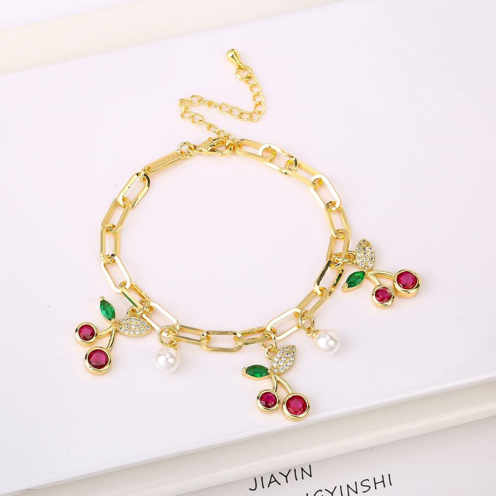 Fruit Cherry Charm Bracelet Gold Plated Metal Bracelet New Design Cherry Pearl Bracelet  Party