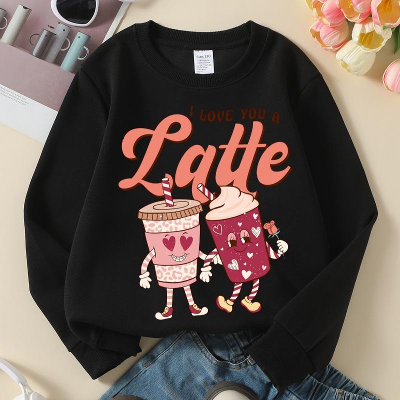 Kids Crewneck Long Sleeve Sweatshirt,Cute Coffee Cup Love Print 110 чёрный