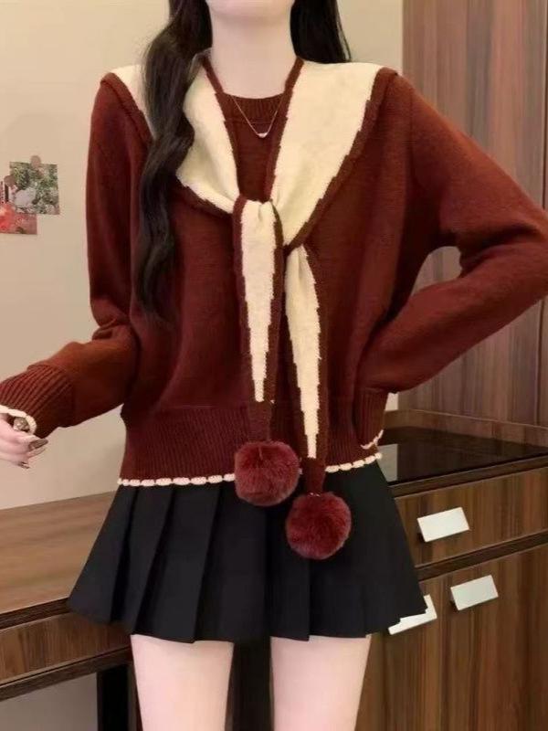 Chic Red Christmas Shawl Sweater for Women - Korean Style Knit Top, Petite Autumn/Winter Fashion