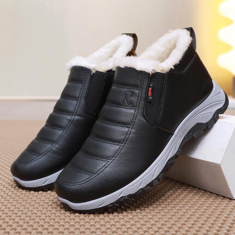 Winter leather waterproof mother cotton shoes old Beijing velvet warm thick-soled short boots men and women the same style middle-aged and elderly cot