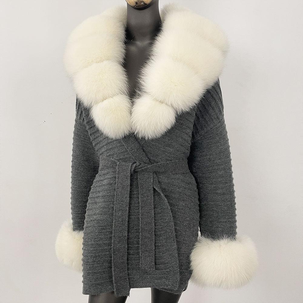 OFTBUY Podzimní Dámský Měkký Dlouhý Pravý Velký Liščí Kožich Teplý Pletený Kabát Pásek Klopa Límec Svrchní Oblečení Ležérní Svetr Bunda Volná Dámská Elegantní Dlouhá