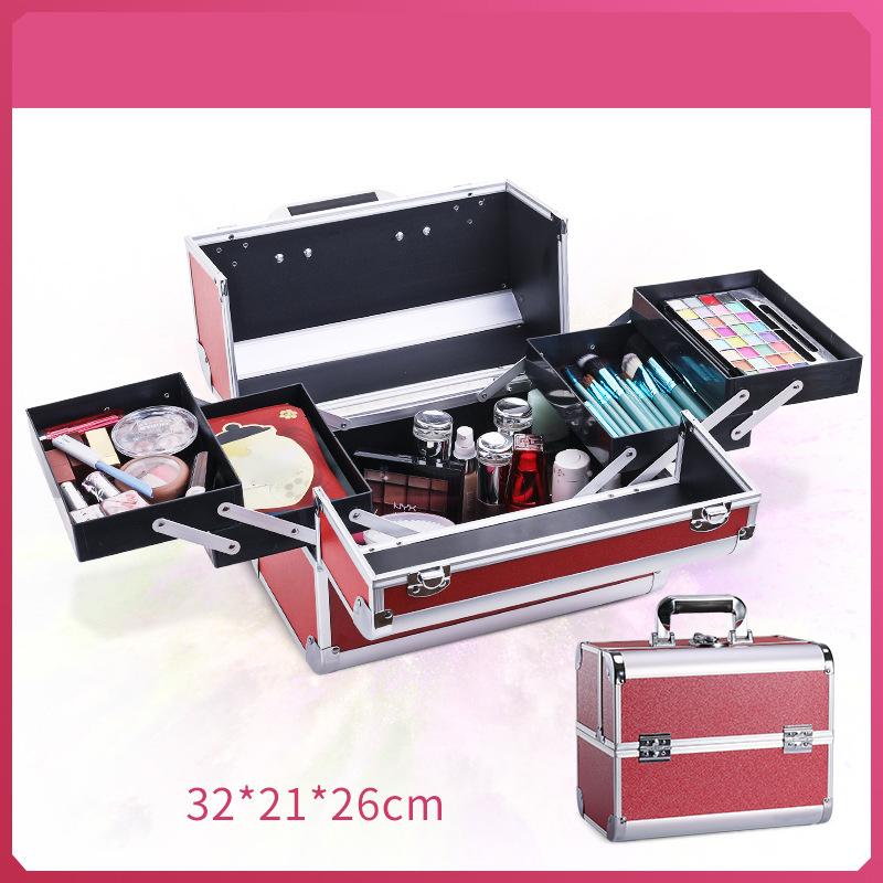 

New makeup case aluminum alloy carrying case portable multi-layer cosmetics storage box large capacity with lock nail toolbox S червоний