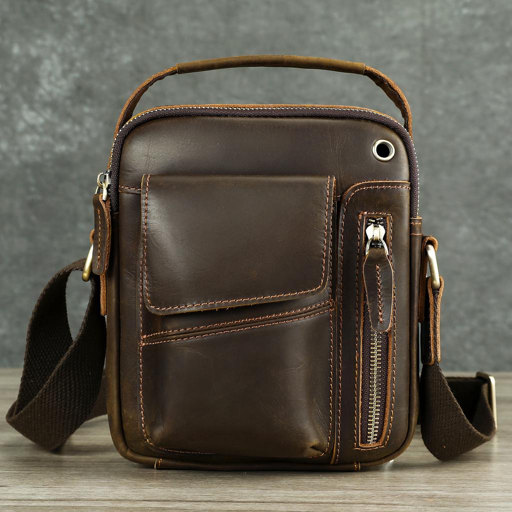 New Crazy Horse Leather Men's Bag Leather Vertical Men's Shoulder Bag Phone Small Bag Earphone Hole Small Men's Cross Shoulder Bag