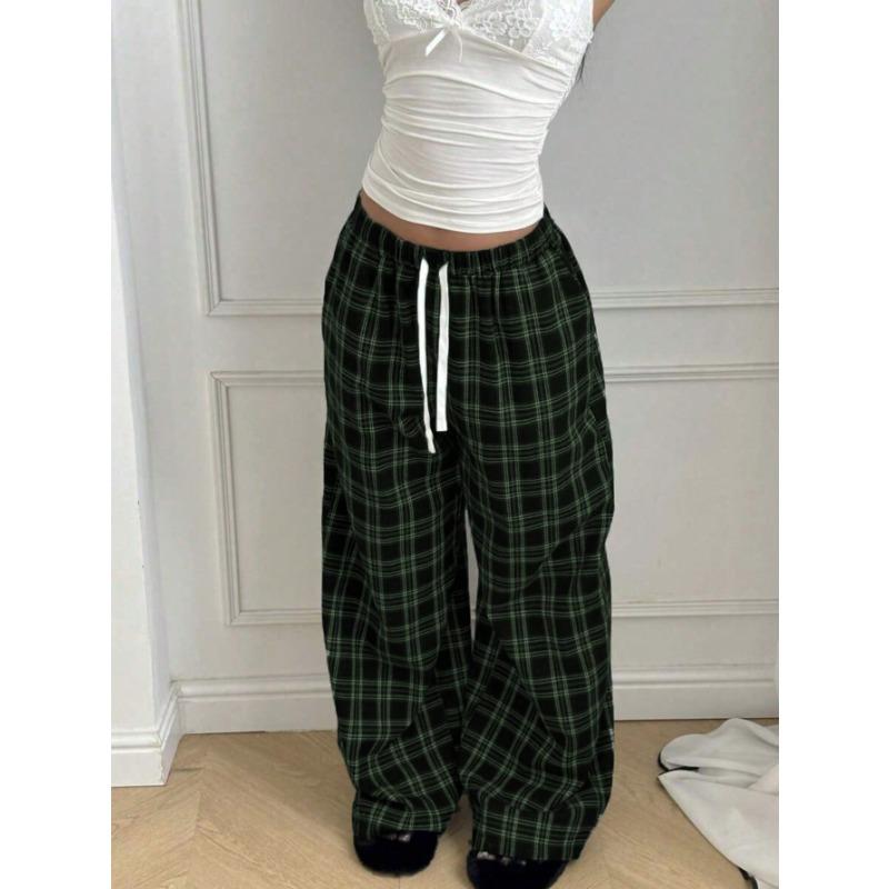 Pantaloni a Quadri da Donna, Vita Alta Coulisse Gamba Larga, Pantaloni Casual Streetwear da Casa