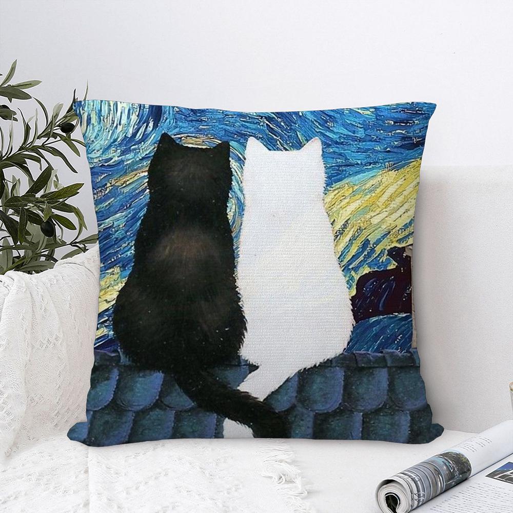 Van Gogh Starry Sky Cat Pillow Case Sofa Decorative Home Double-sided Print Plush Square Throw Pillow Covers Cushion Decor Cover