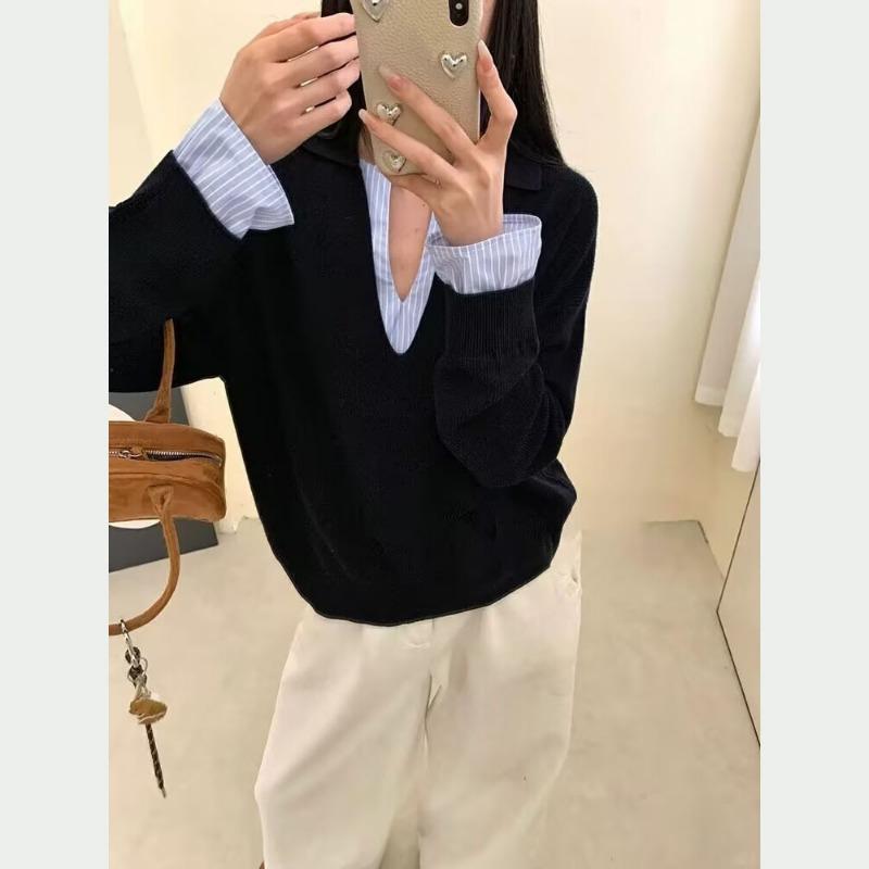 Polo-Kragen gestreifter Spleiß-Fake-Zweiteiler-Pullover Damen Herbst und Winter neu Old-Money-Stil hochwertiger Unterzieh-Strickpullover