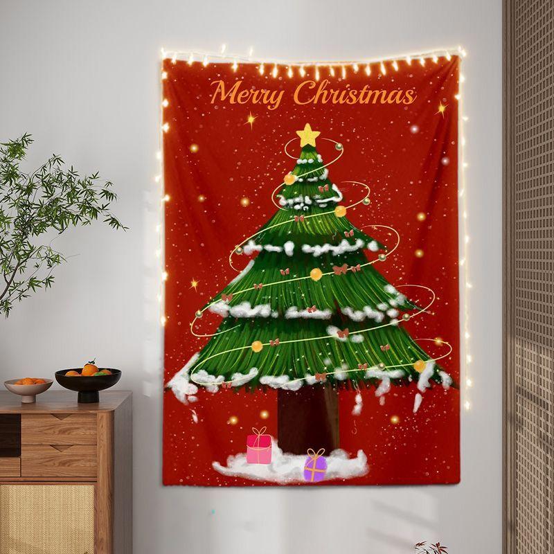 Red Hand Drawn Christmas Tree Wall Tapestry Merry Text Gift Snowflake Star Ornament Holiday Aesthetic Home Decor Bold Art