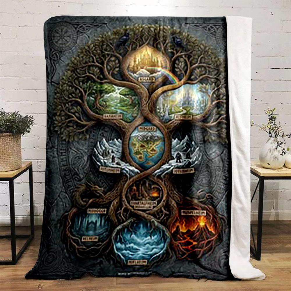 "Fantasy World Tree with Realms Map bedroom blanket" printed Flannel blanket for bedroom, living room, sofa, and nap