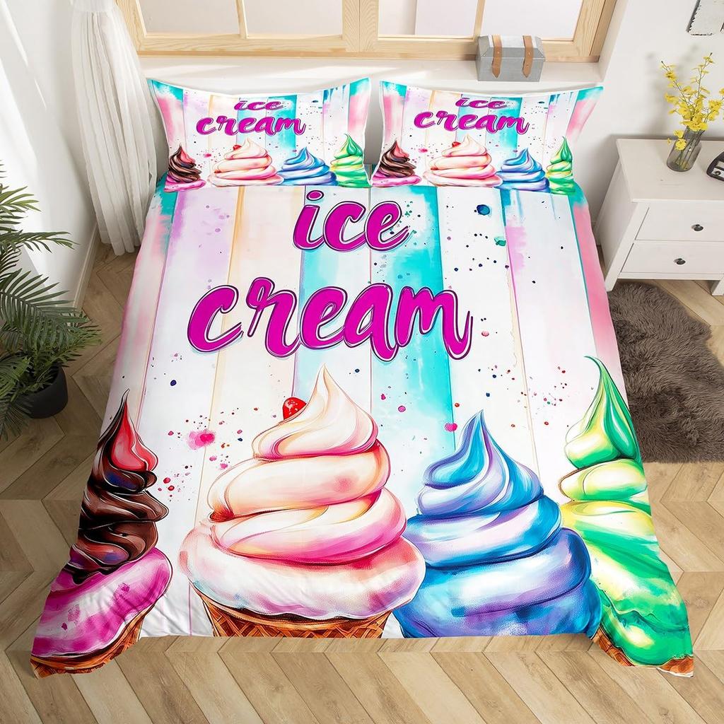 Cartoon Food Duvet Cover Twin Queen Size Yummy Dessert Bedding Set, Ice Cream Pattern Comforter Cover for Kids Girls Room Dorm