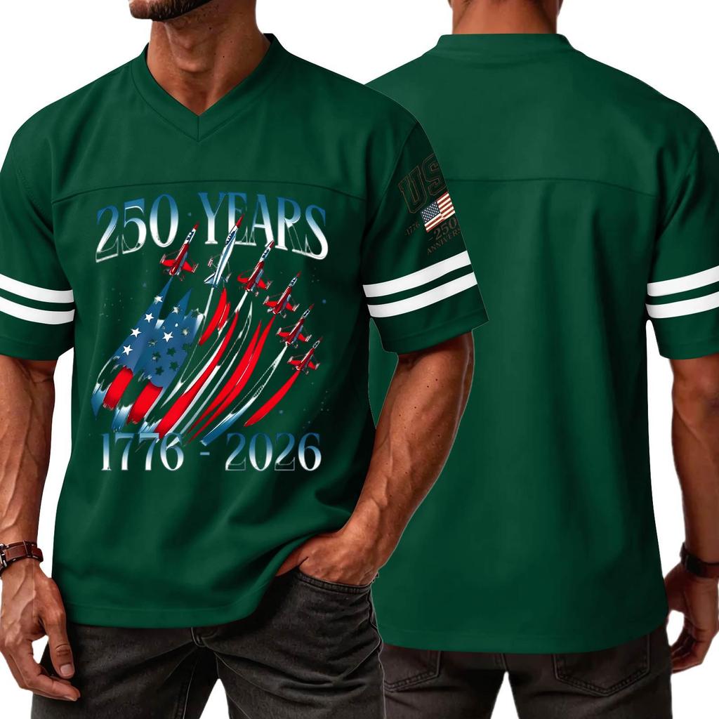 Men V Neck Short Sleeve Jersey Style T Shirt with 250 Years 1776 2026 Print and Graphic Sports Top
