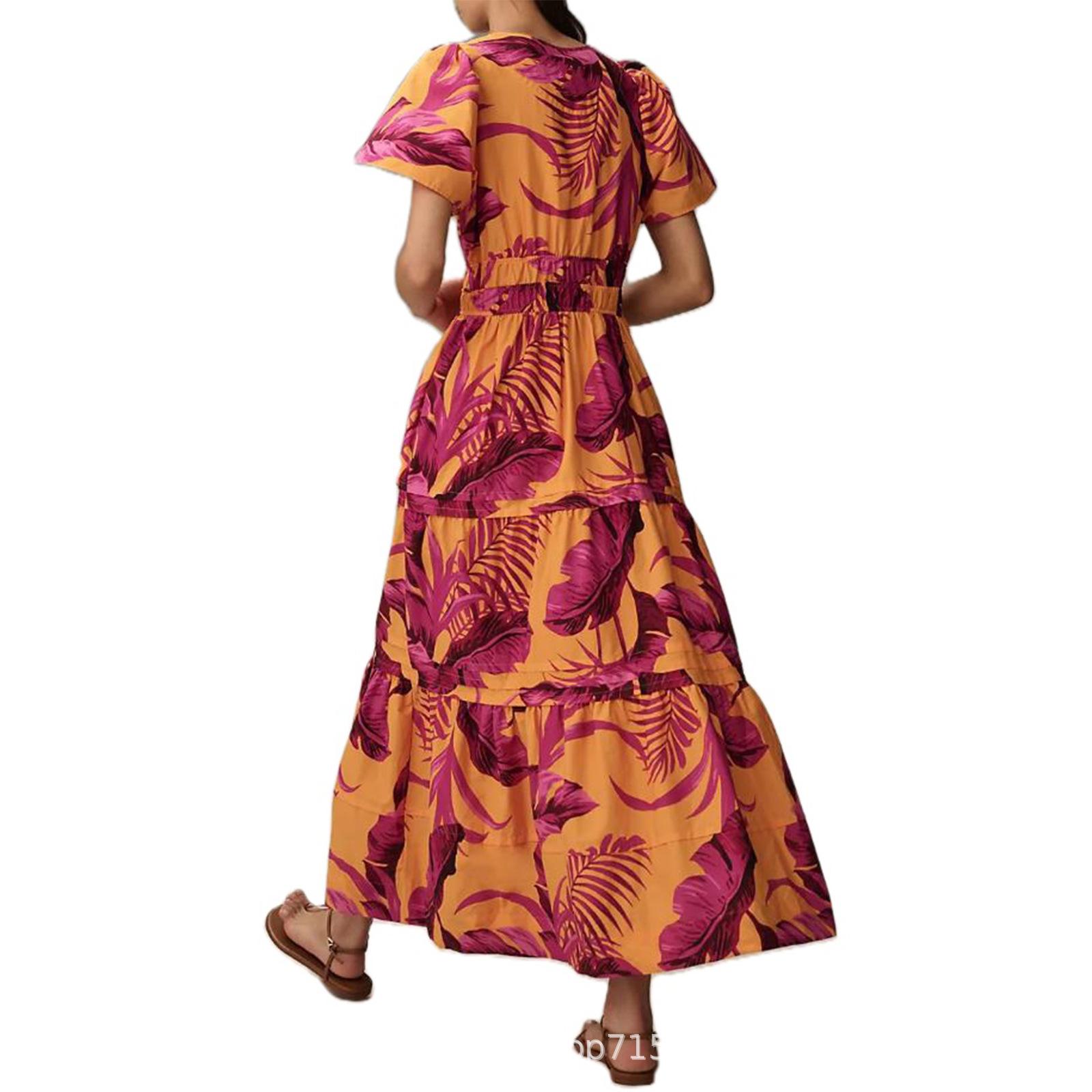 

Женское летнее платье с цветочным принтом, коротким рукавом, V-образным вырезом и эластичной талией XXL лист