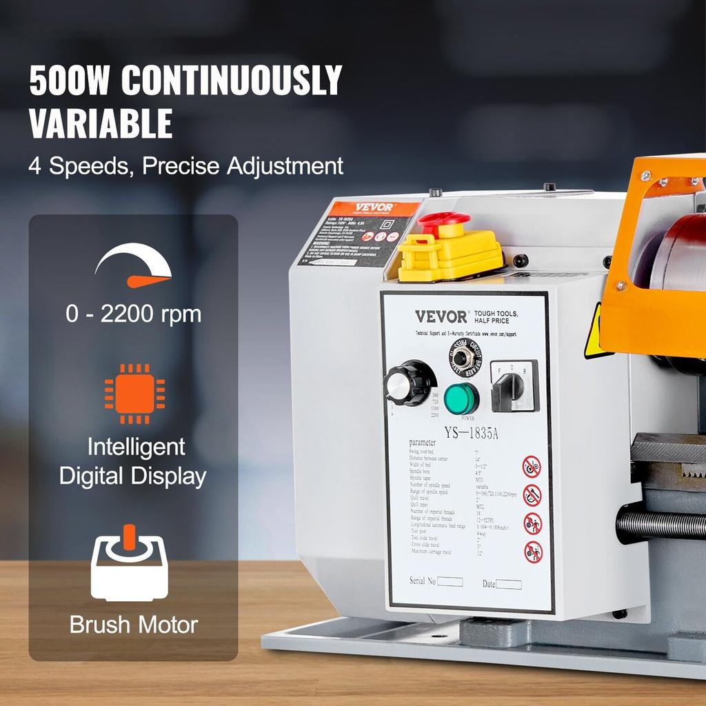 Metal Lathe Machine, 7'' x 13.78'', Precision Benchtop Power Metal Lathe, 0-2200 RPM Continuously Variable Speed, 500W Brush Motor Metal Gears, with