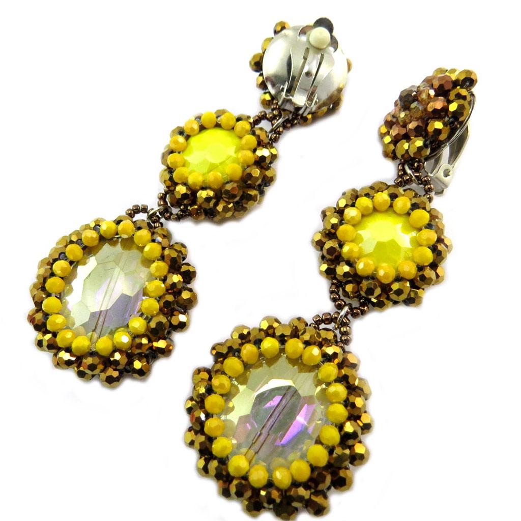 Lily-Crystal [P3690] - Clips d'oreilles artisanales 'Callas' jaune doré - 10x3 cm