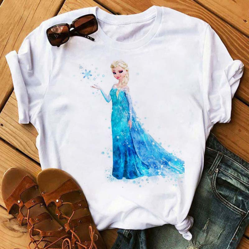 Kawaii Disney Princess Frozen Elsa Anna Print Women Tops Clothes Fashion T Shirt Cartoon Funny Female T-Shirts Children Clothing