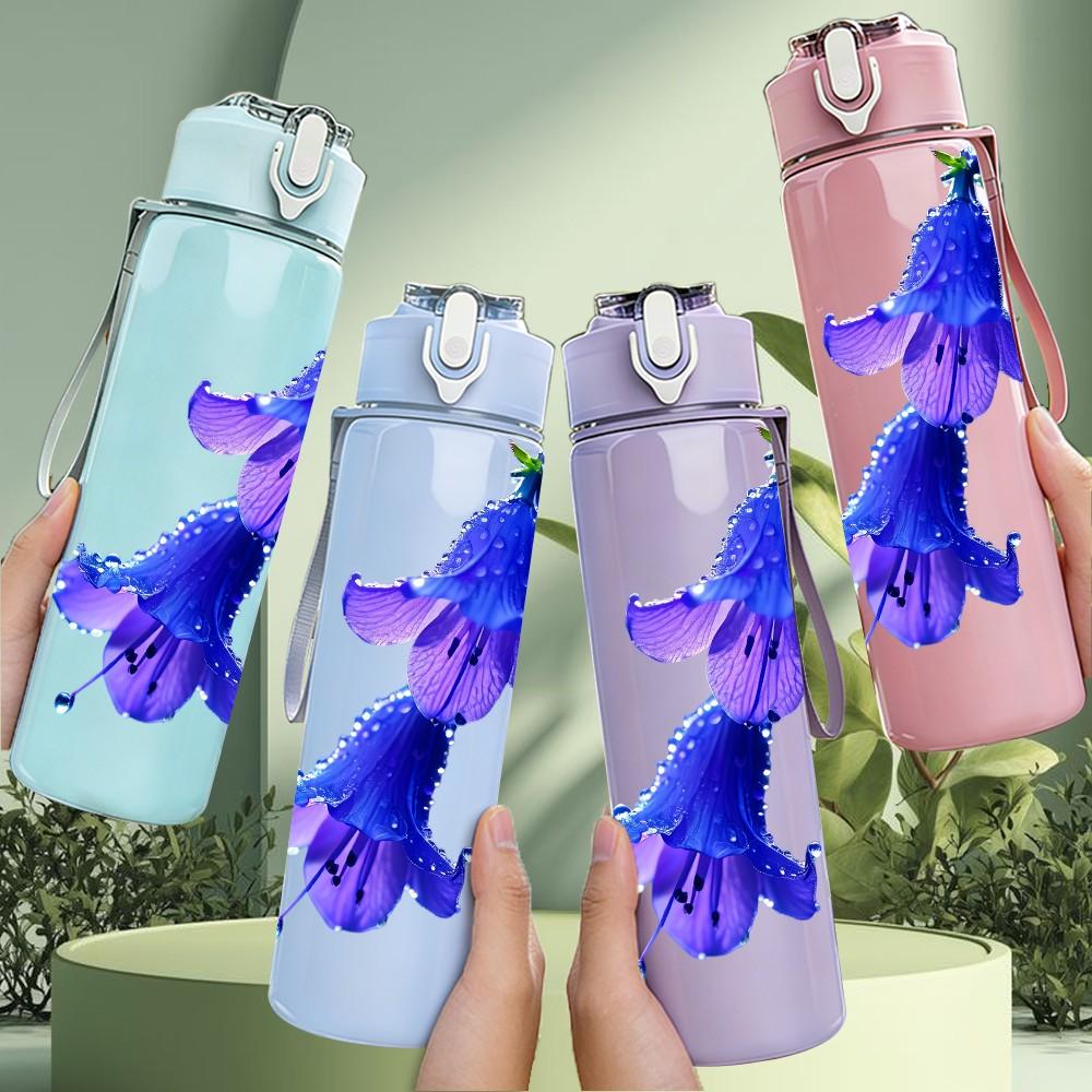 1PC Blue Purple Bell Orchid Flower Print 750ml Color Plastic Sports Water Bottle Leakproof Flip Straw Lid Suitable for Sports Office Home Use