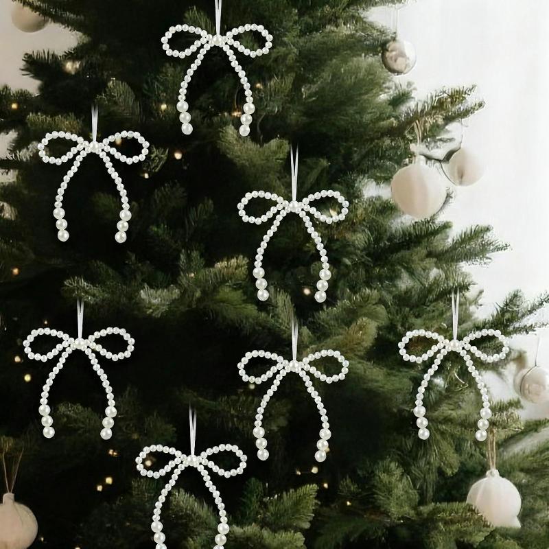 2/12Pcs Hand Woven Pearl Bow Christmas Ornament - Fringe Pendant Tree Decor, Holiday Party Girls Room Festive Decor Supplies