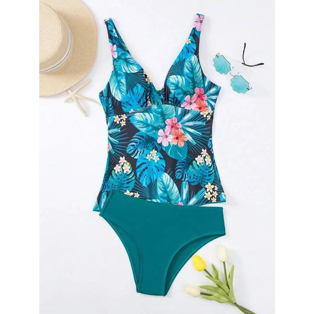 Tvådelad baddräkt med bladtryck Dam Badkläder Plus Size Tankini-set Kvinnliga Strandkläder Baddräkt Dam Baddräkter
