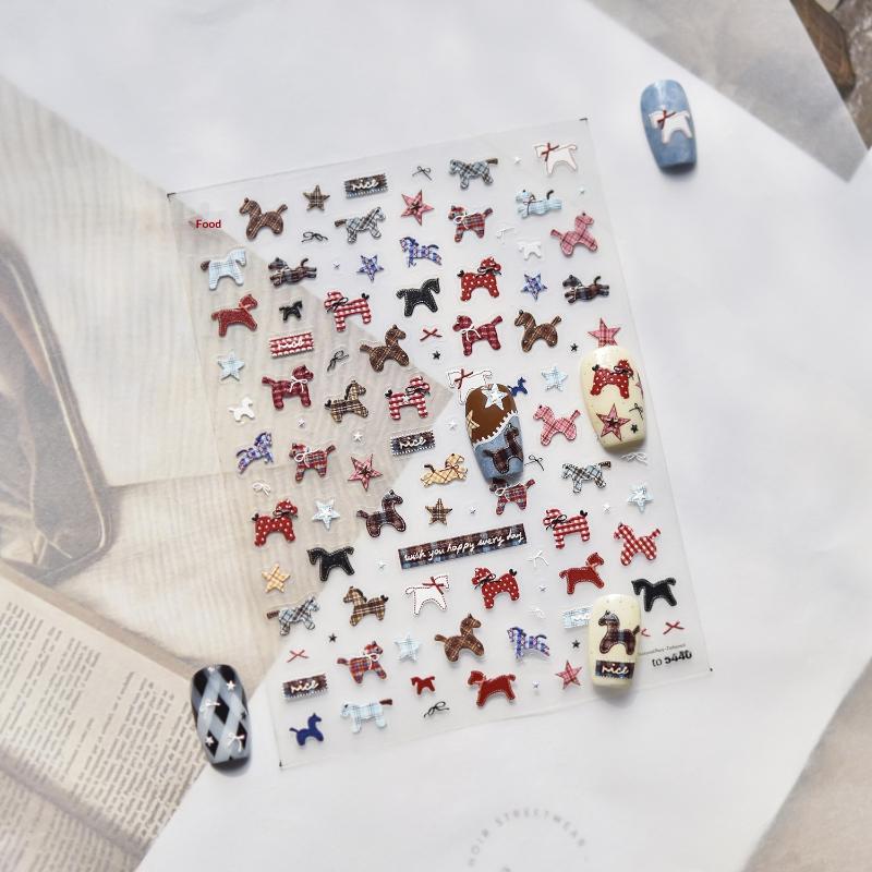 Cute Cartoon Fabric Pony Nail Stickers Embossed Nail Stickers Embossed Relief Nail Art Decoration Manicure Sticker Accessories