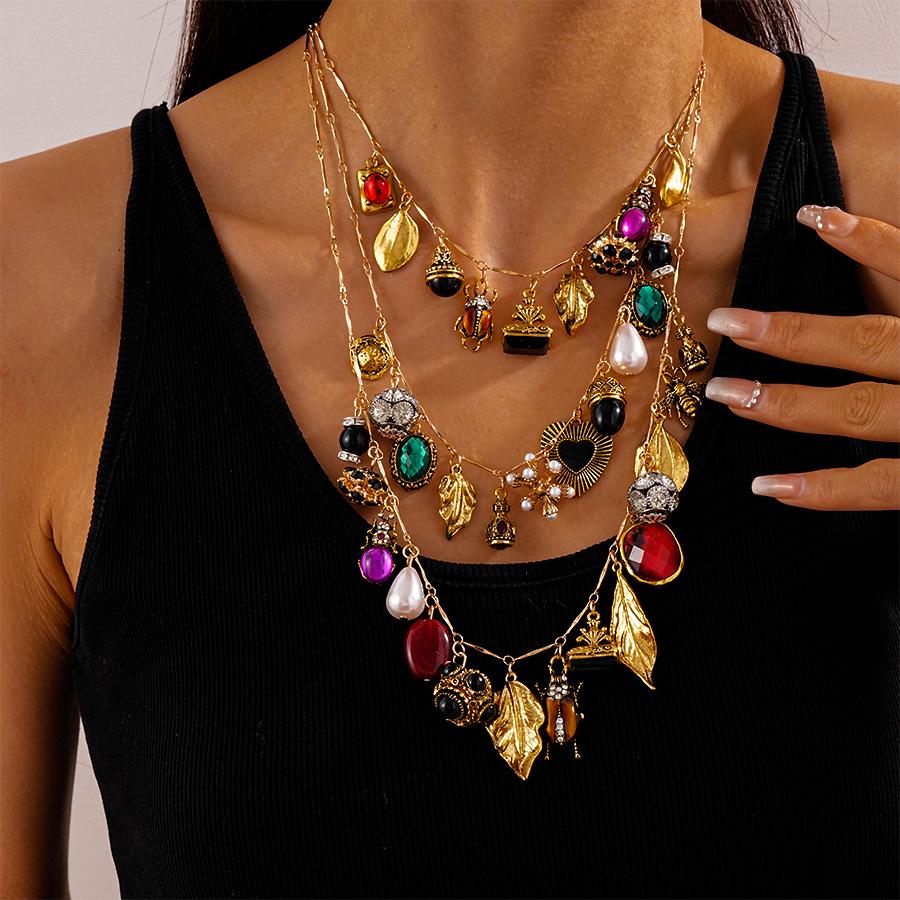 Retro Inlaid Diamond Heart & Insect Geometric Necklace for Women - Exaggerated Multi-Element Design