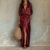 Women's Satin V-Neck Blouse and Side Split Skirt Set with Pocket for Casual Everyday Wear