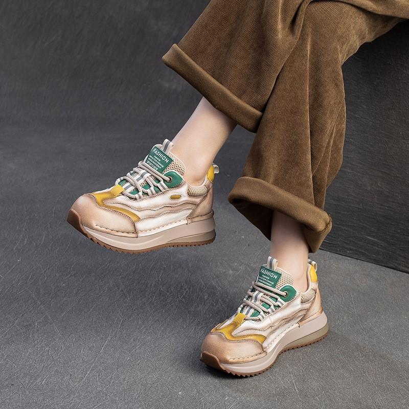 Johnature Thick Soled Mixed Colors Retro Genuine Leather Splicing Breathable Mesh Casual Sports Women's Shoes