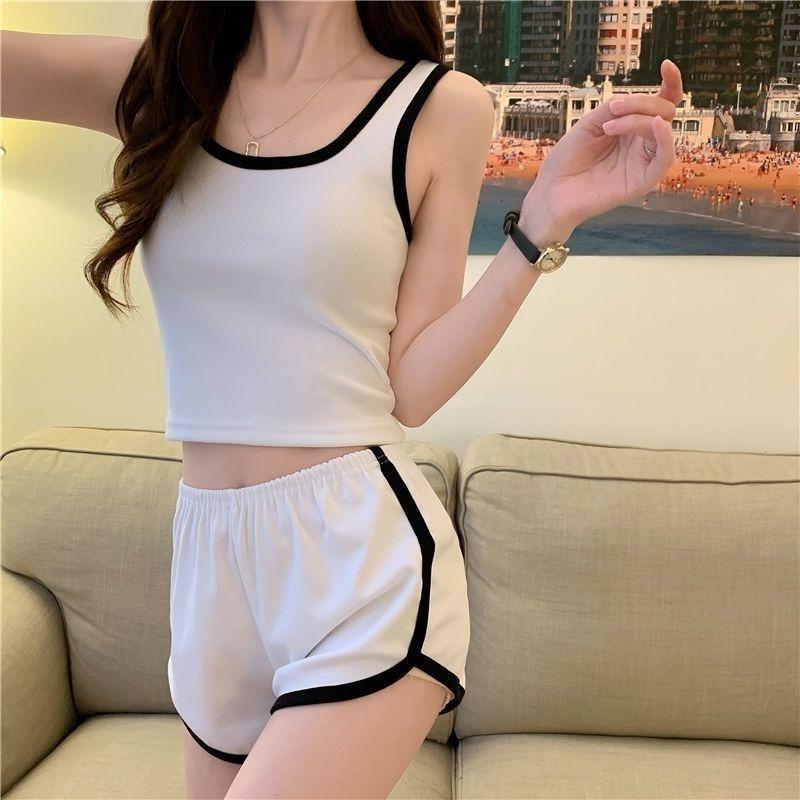 Sommer Top und Shorts Set für Damen Lässig Schlankmachend Kurze Weste Weitbeinige Shorts Sport Ärmellos Klassischer Damenanzug