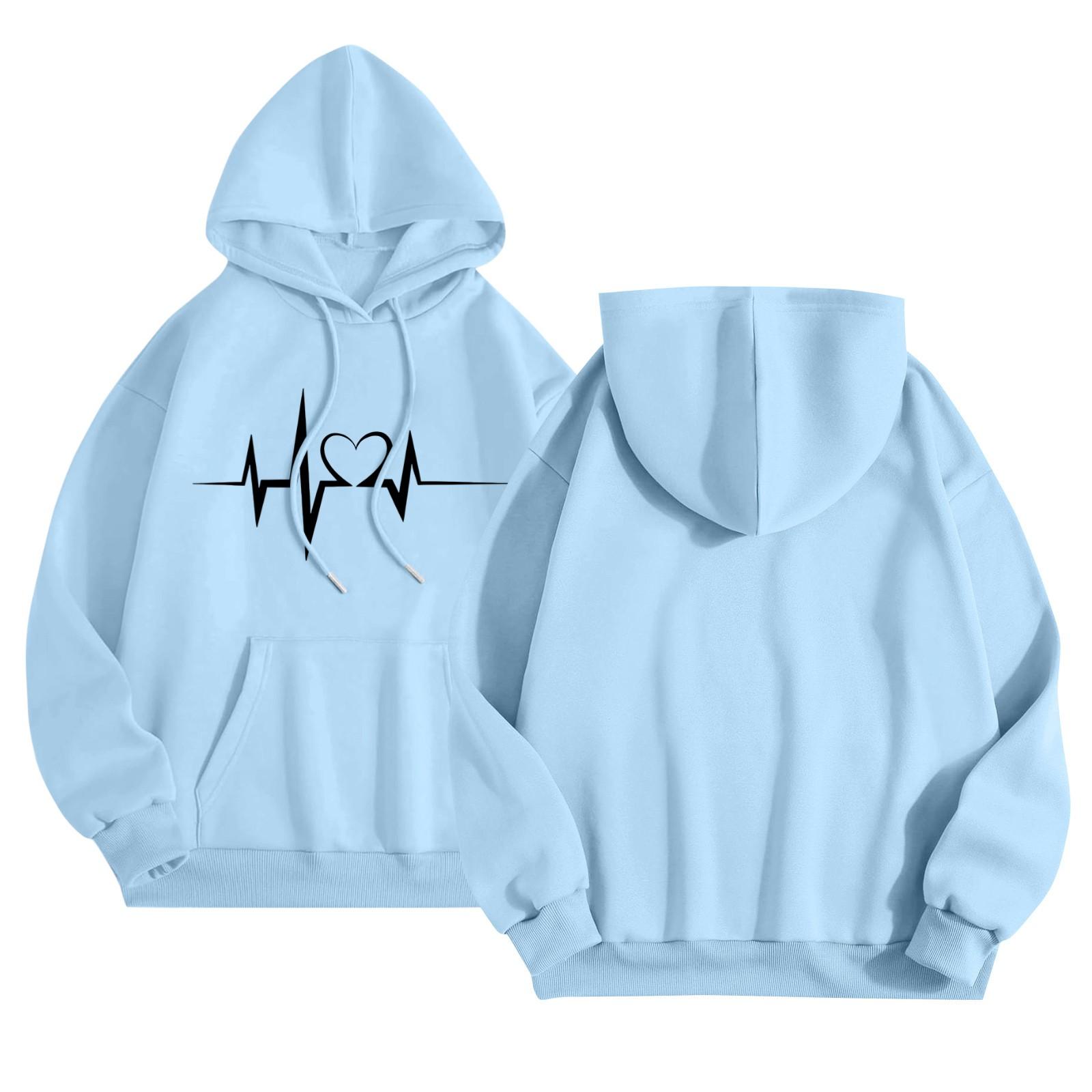 

Женский повседневный комфортный плюшевый свитер с длинным рукавом и свободным воротом с капюшоном и принтом Heart Beat XXL светло-синий