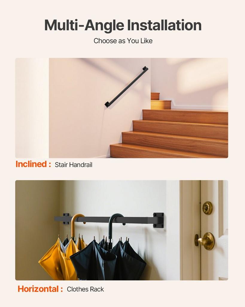 1215mm Wall Mounted Stair Handrail Black Iron 113kg Load Square Tube