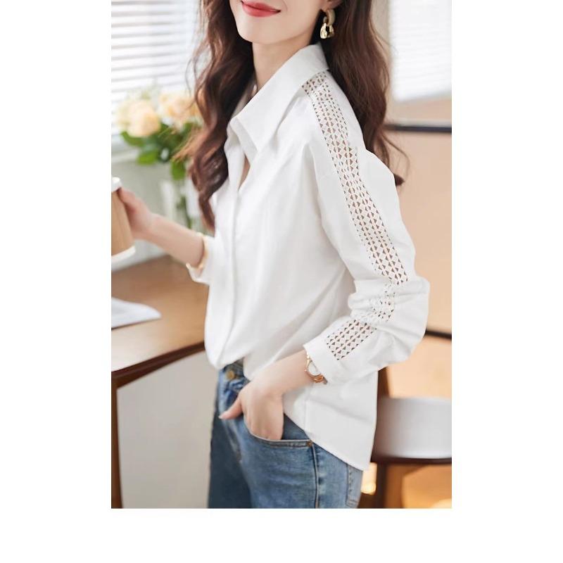 Women's White Lapel Blouse Hollow Out Lace Detail Long Sleeve Button Loose Casual Office Shirt