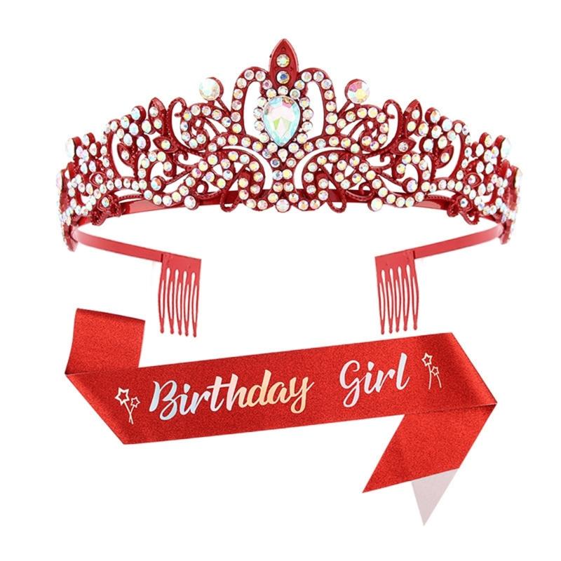 Fashionable 2pcs Rhinestones Tiaras Headband and Sash Hairpiece Hair Accesories for Women’s Birthday Party Accessories