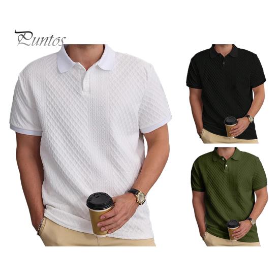 Men Tops Lapel Short Sleeve Solid Color Tee Shirt with Jacquard Decoration Jacquard Fabric Solid Color Tops