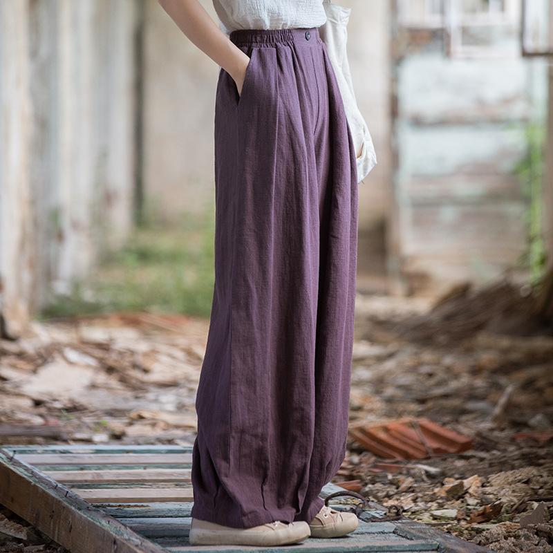 Johnature Women Vintage Harem Pants Summer Chinese Style Solid Color Trousers Elastic Waist Long Pants