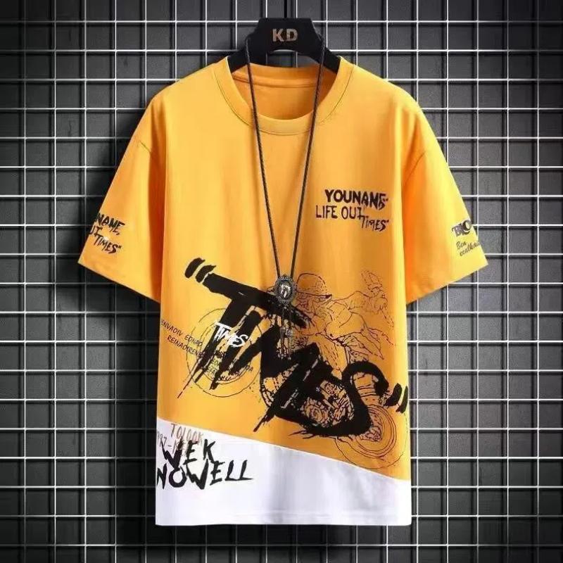 Men's Trend Letter Print Tops Tees Summer Short Sleeve O-neck Plus Size Contrast Loose T Shirts Fashion Casual Clothing