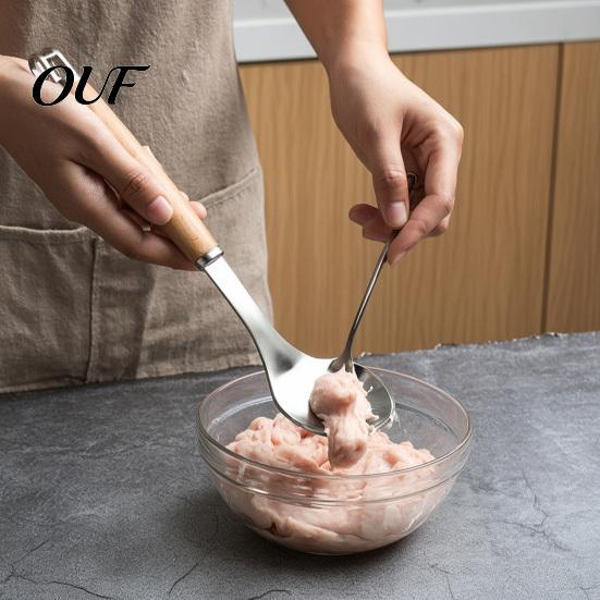 Meatball Molds for Kitchen Spoon Maker Tool, Stainless Steel Non-stick Scoop, Handy Scoop Tool Long Wooden Handle Shaping Gadget Easy to Clean
