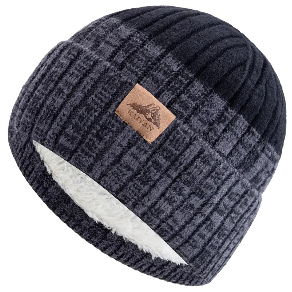 Unisex Winter Warm Hats Plush Fur Lined Beanie Cap For Man Woman Color Blocking Winter Knitted Hat