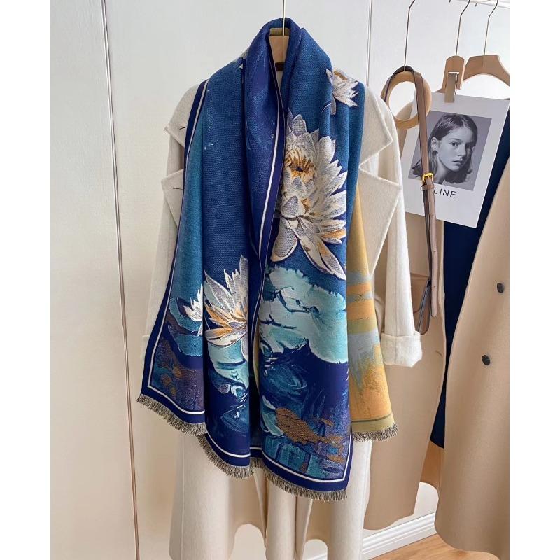Autumn and winter new oil painting style double-sided jacquard scarf women's high-end sense versatile shawl scarf thickened warm scarf