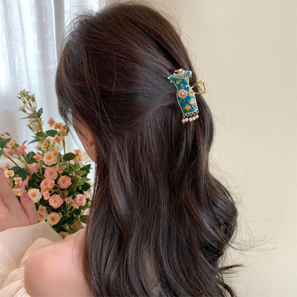 enamel Chinese Style Hair Claw Pearl Metal Shark Clip Cheongsam Design Hair Clip  Girls